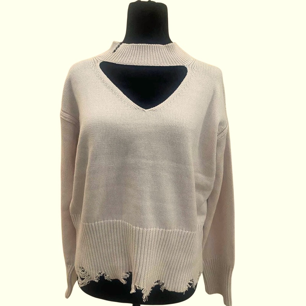 525 America Cutout V Neck Sweater Revolve Knit Distressed Hem Sz M / #8185